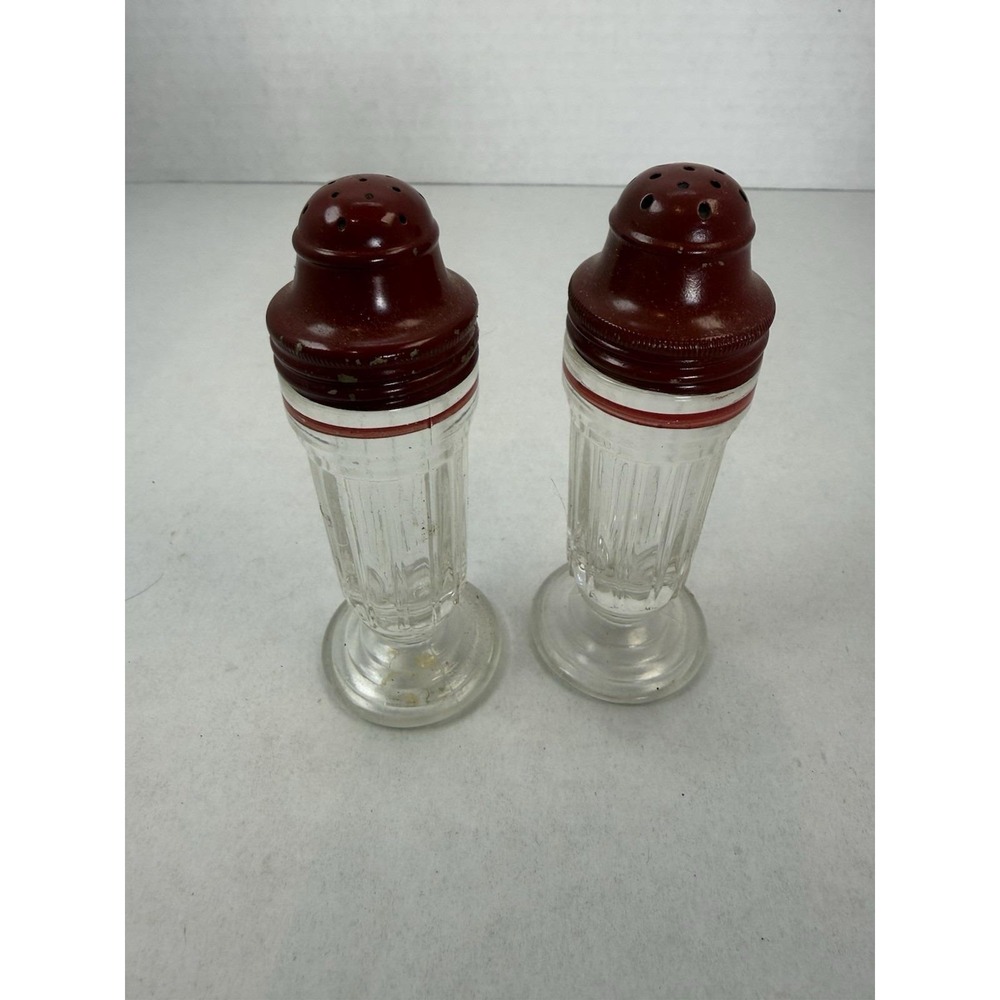 Hazel Atlas New Century Crystal Clear Red Stripe And Lid Salt And Pepper Shakers